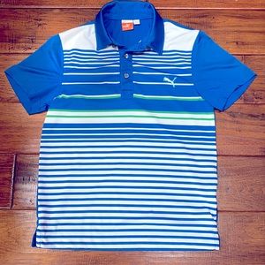 Puma boys golf shirt (M). Cobalt blue, green stripes, white.